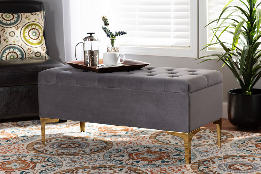 Baxton Studio Valere Glam and Luxe Grey Velvet Fabric Upholstered Gold Finished Button Tufted Storage Ottoman | Modishstore | Ottomans