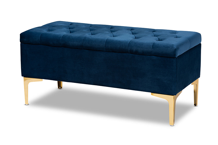 baxton studio valere glam and luxe navy blue velvet fabric upholstered gold finished button tufted storage ottoman | Modish Furniture Store-2