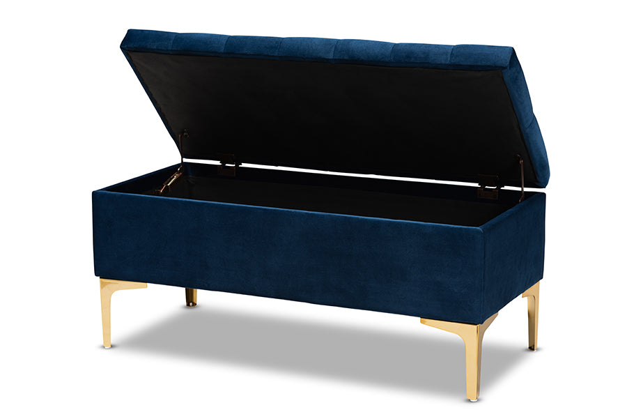 baxton studio valere glam and luxe navy blue velvet fabric upholstered gold finished button tufted storage ottoman | Modish Furniture Store-3