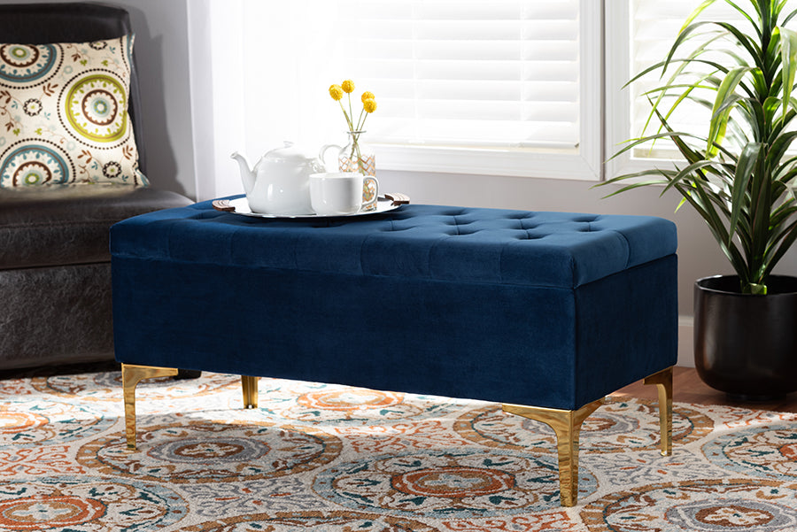Baxton Studio Valere Glam and Luxe Navy Blue Velvet Fabric Upholstered Gold Finished Button Tufted Storage Ottoman | Modishstore | Ottomans