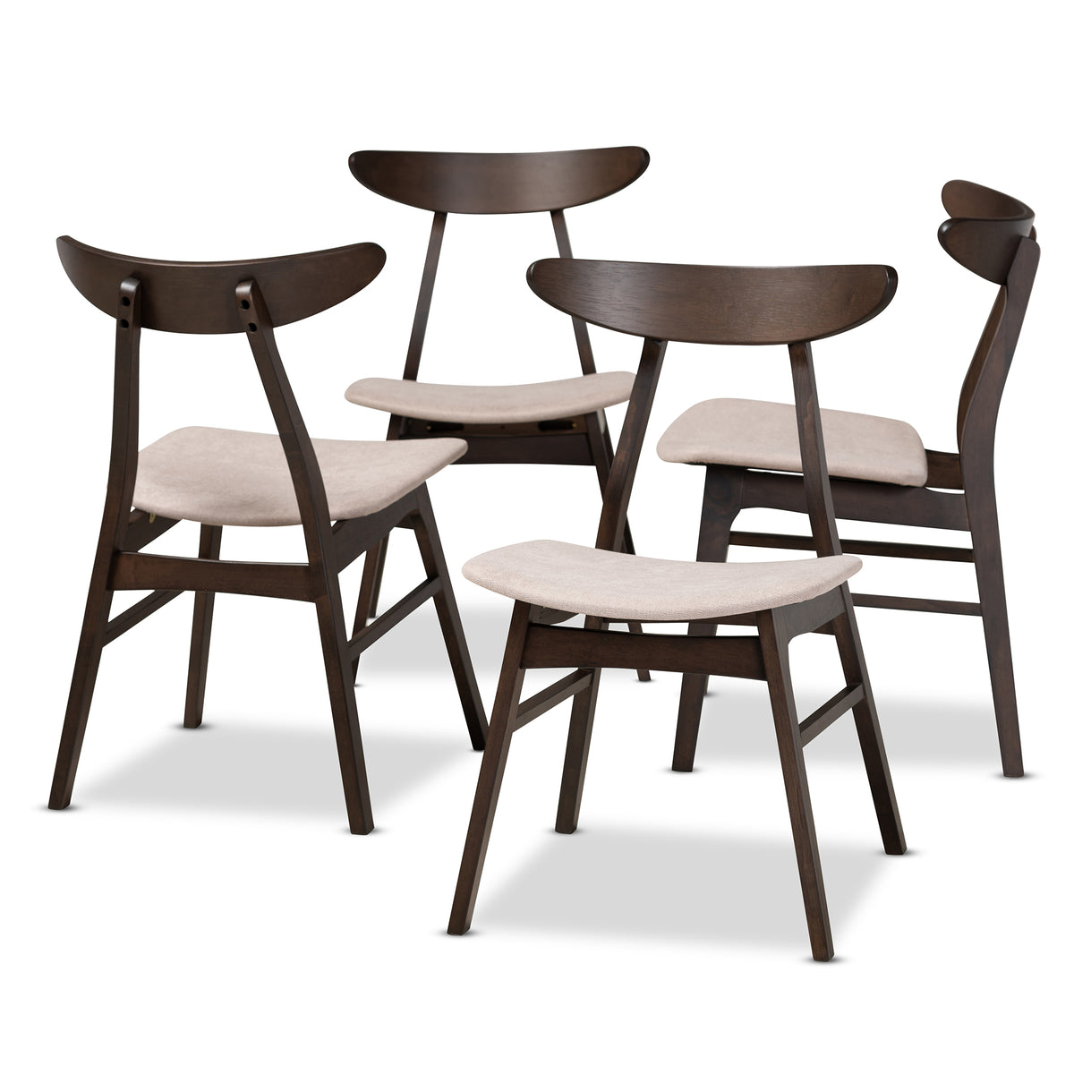 Baxton Studio Britte Mid-Century Modern Beige Fabric Upholstered Dark Oak Brown Finished 4-Piece Wood Dining Chair Set Set | Dining Chairs | Modishstore