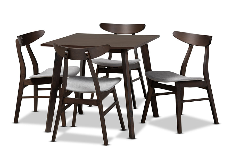baxton studio britte mid century modern light grey fabric upholstered dark oak brown finished 5 piece wood dining set | Modish Furniture Store-2