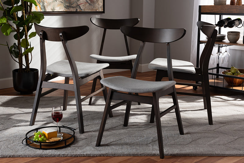 Baxton Studio Britte Mid-Century Modern Light Grey Fabric Upholstered Dark Oak Brown Finished 4-Piece Wood Dining Chair Set Set | Modishstore | Dining Chairs