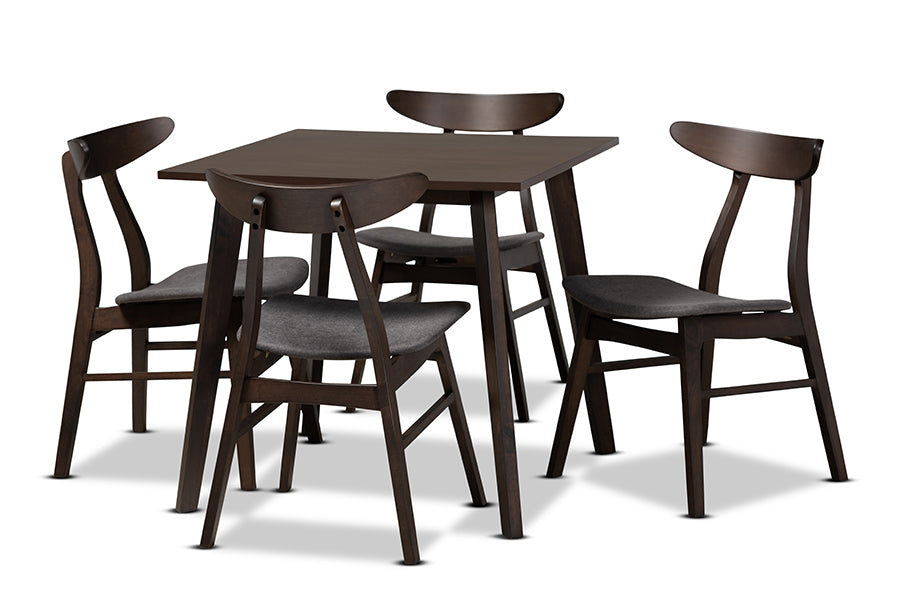 baxton studio britte mid century modern dark grey fabric upholstered dark oak brown finished 5 piece wood dining set | Modish Furniture Store-2