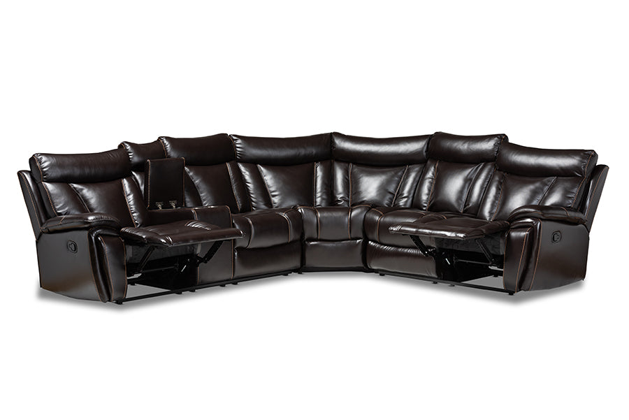 baxton studio lewis modern and contemporary dark brown faux leather upholstered 6 piece reclining sectional sofa | Modish Furniture Store-3