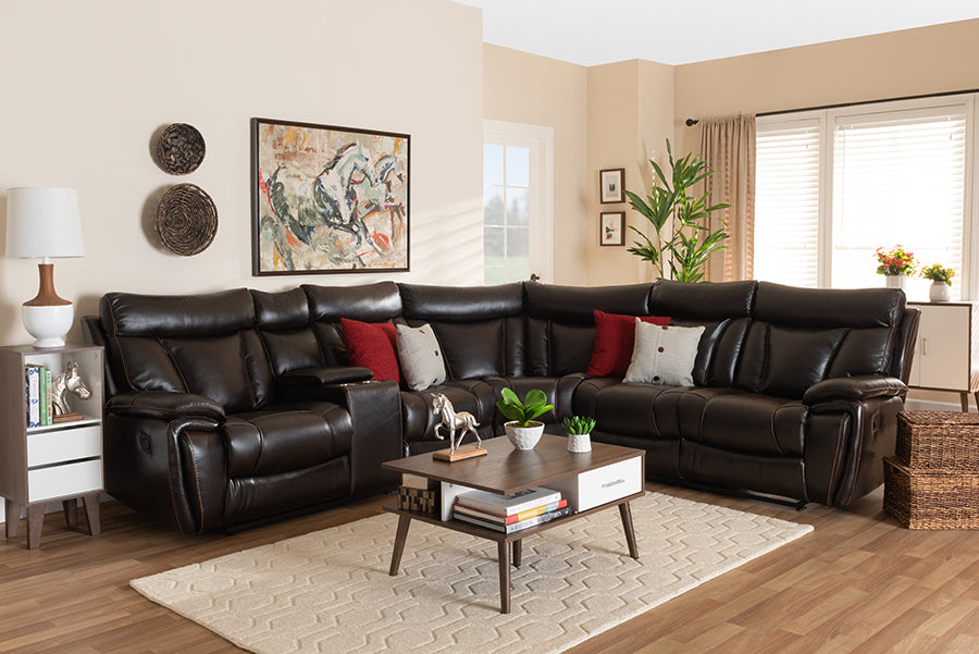 Baxton Studio Lewis Modern and Contemporary Dark Brown Faux Leather Upholstered 6-Piece Reclining Sectional Sofa | Modishstore | Sofas