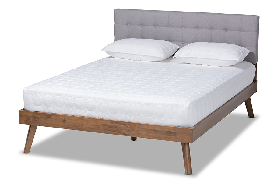 baxton studio devan mid century modern light grey fabric upholstered walnut brown finished wood full size platform bed | Modish Furniture Store-2