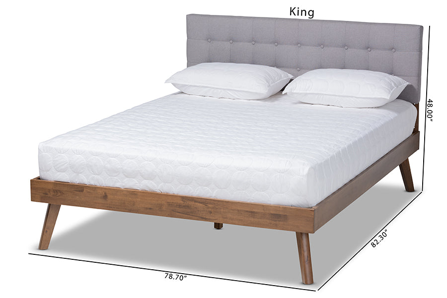 Baxton Studio Devan Mid-Century Modern Light Grey Fabric Upholstered Walnut Brown Finished Wood King Size Platform Bed | Beds | Modishstore - 6