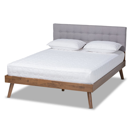 Baxton Studio Devan Mid-Century Modern Light Grey Fabric Upholstered Walnut Brown Finished Wood King Size Platform Bed | Beds | Modishstore