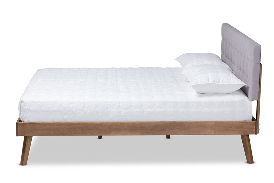 baxton studio devan mid century modern light grey fabric upholstered walnut brown finished wood full size platform bed | Modish Furniture Store-3
