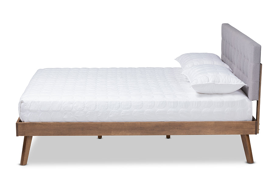 Baxton Studio Devan Mid-Century Modern Light Grey Fabric Upholstered Walnut Brown Finished Wood Queen Size Platform Bed | Beds | Modishstore - 3