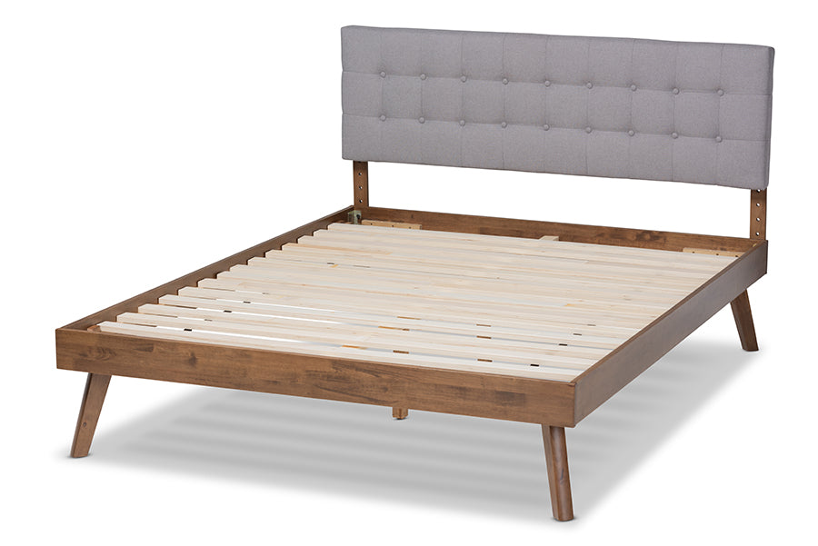Baxton Studio Devan Mid-Century Modern Light Grey Fabric Upholstered Walnut Brown Finished Wood Queen Size Platform Bed | Beds | Modishstore - 6