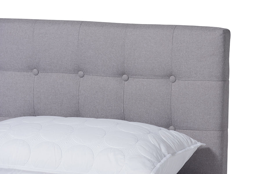 Baxton Studio Devan Mid-Century Modern Light Grey Fabric Upholstered Walnut Brown Finished Wood Queen Size Platform Bed | Beds | Modishstore - 5