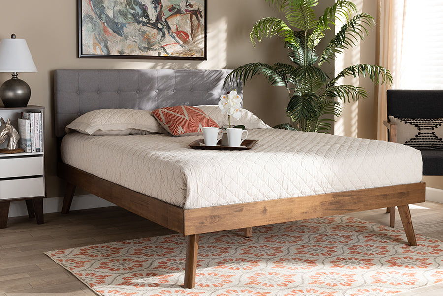 Baxton Studio Devan Mid-Century Modern Light Grey Fabric Upholstered Walnut Brown Finished Wood Queen Size Platform Bed | Beds | Modishstore - 2