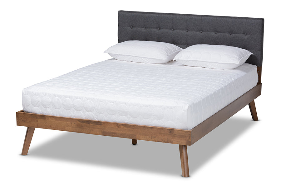 baxton studio devan mid century modern dark grey fabric upholstered walnut brown finished wood full size platform bed | Modish Furniture Store-2