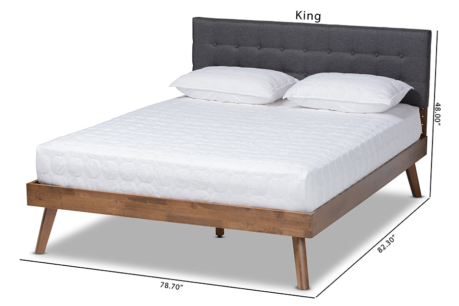 Baxton Studio Devan Mid-Century Modern Dark Grey Fabric Upholstered Walnut Brown Finished Wood King Size Platform Bed | Beds | Modishstore - 6