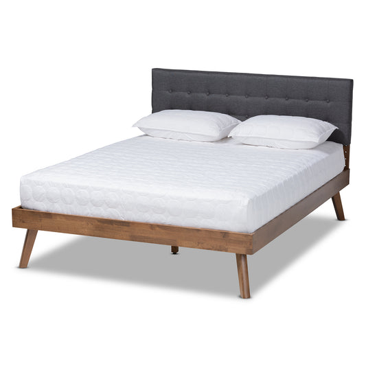 Baxton Studio Devan Mid-Century Modern Dark Grey Fabric Upholstered Walnut Brown Finished Wood King Size Platform Bed | Beds | Modishstore
