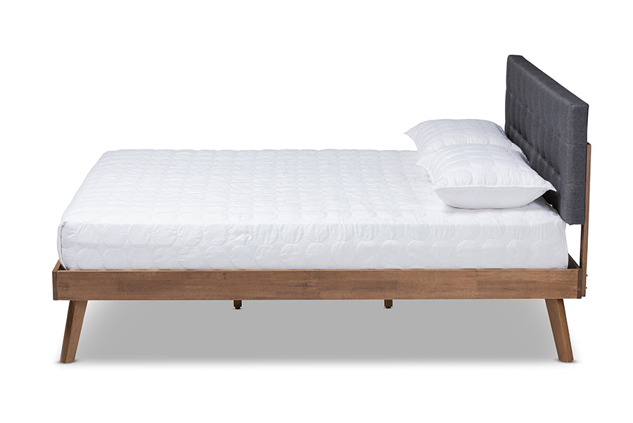baxton studio devan mid century modern dark grey fabric upholstered walnut brown finished wood full size platform bed | Modish Furniture Store-3