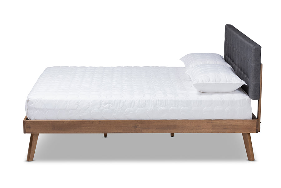 Baxton Studio Devan Mid-Century Modern Dark Grey Fabric Upholstered Walnut Brown Finished Wood King Size Platform Bed | Beds | Modishstore - 3