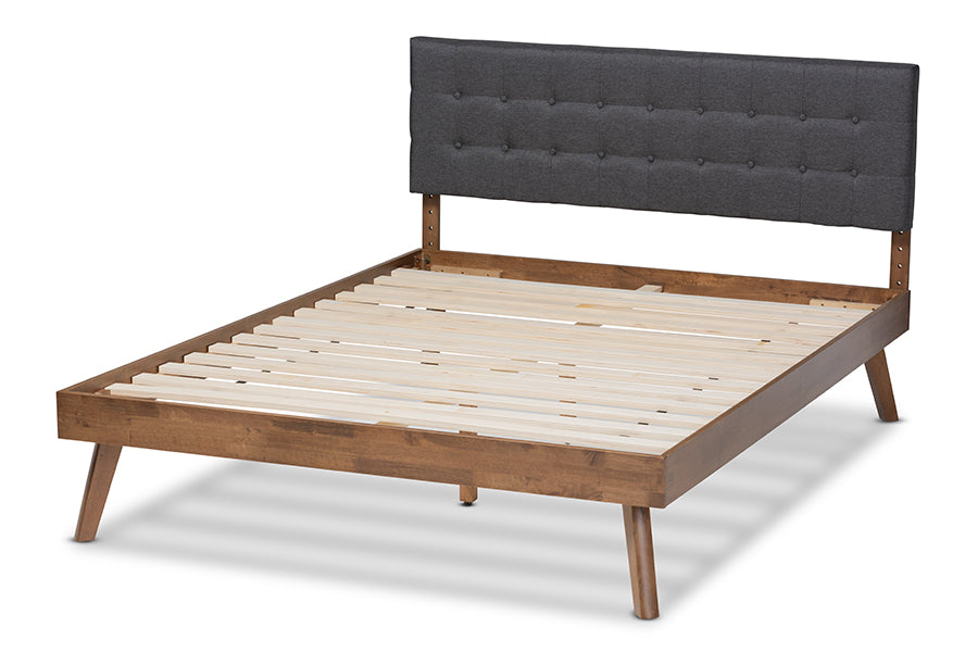 Baxton Studio Devan Mid-Century Modern Dark Grey Fabric Upholstered Walnut Brown Finished Wood King Size Platform Bed | Beds | Modishstore - 7