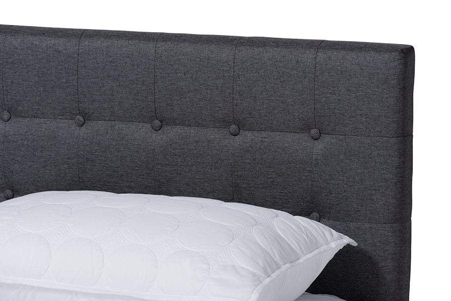 Baxton Studio Devan Mid-Century Modern Dark Grey Fabric Upholstered Walnut Brown Finished Wood Queen Size Platform Bed | Beds | Modishstore - 5