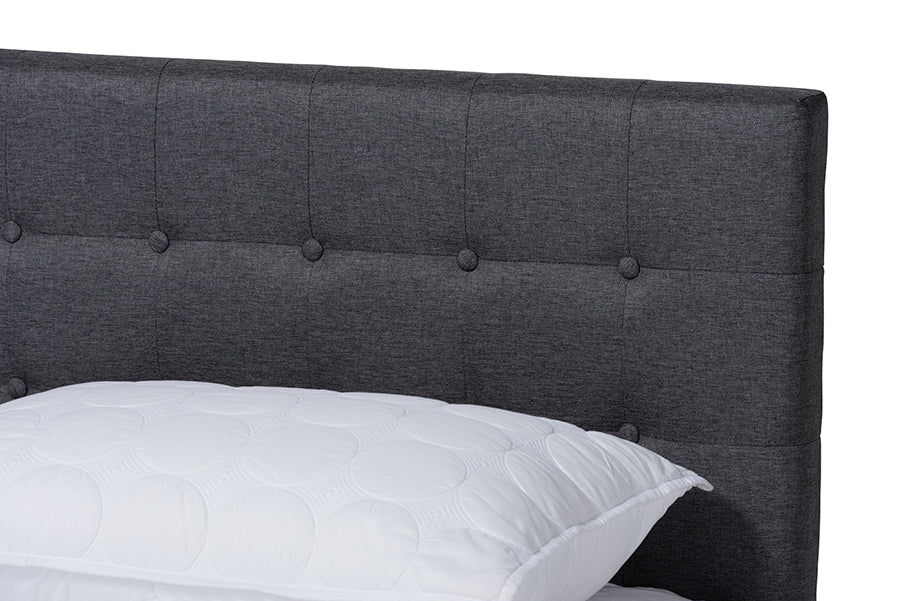 Baxton Studio Devan Mid-Century Modern Dark Grey Fabric Upholstered Walnut Brown Finished Wood King Size Platform Bed | Beds | Modishstore - 5