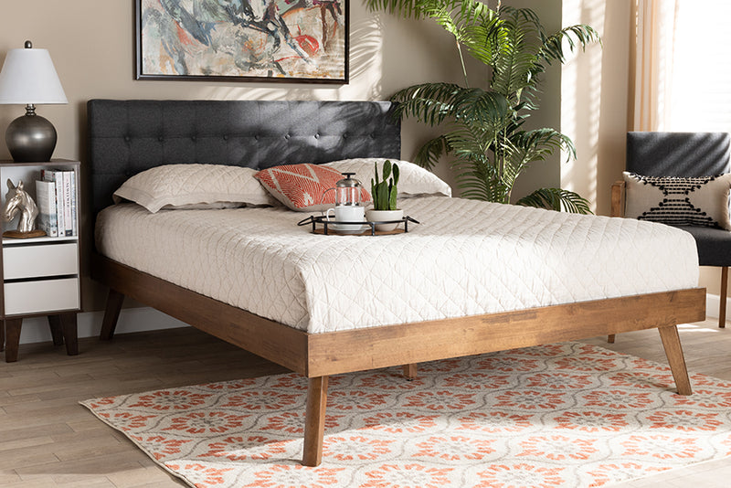 Baxton Studio Devan Mid-Century Modern Dark Grey Fabric Upholstered Walnut Brown Finished Wood Full Size Platform Bed | Modishstore | Beds