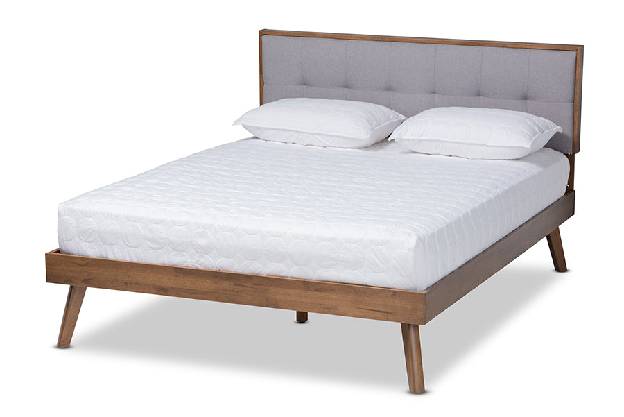 baxton studio alke mid century modern light grey fabric upholstered walnut brown finished wood king size platform bed | Modish Furniture Store-2