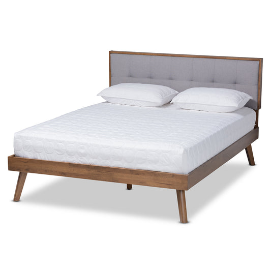 Baxton Studio Alke Mid-Century Modern Light Grey Fabric Upholstered Walnut Brown Finished Wood Queen Size Platform Bed | Beds | Modishstore