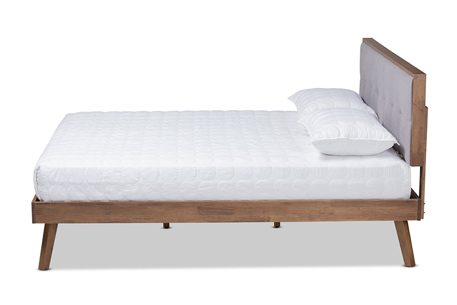 baxton studio alke mid century modern light grey fabric upholstered walnut brown finished wood king size platform bed | Modish Furniture Store-3