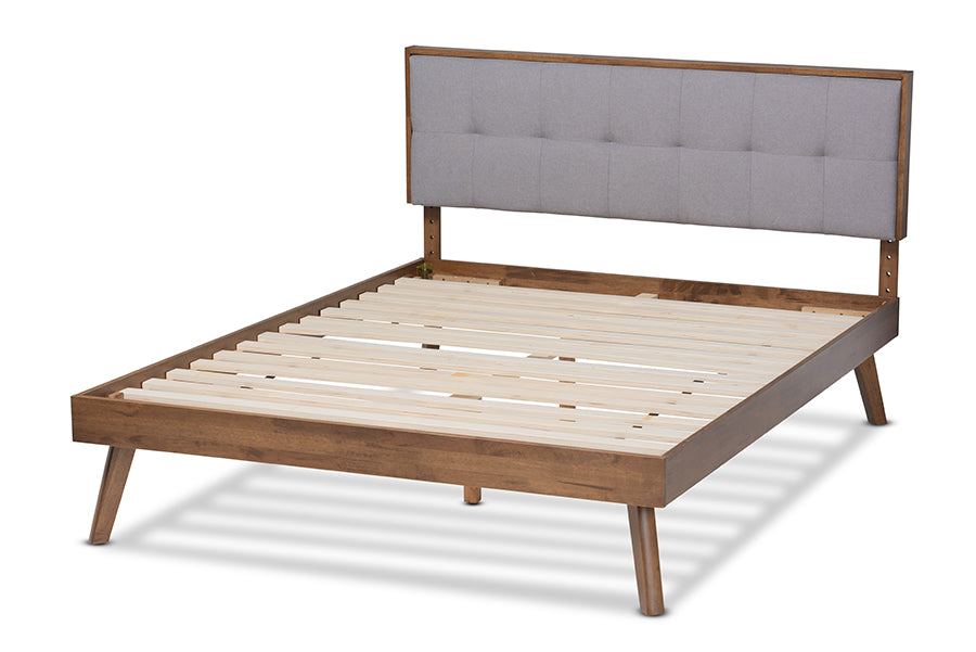 Baxton Studio Alke Mid-Century Modern Light Grey Fabric Upholstered Walnut Brown Finished Wood Queen Size Platform Bed | Beds | Modishstore - 2