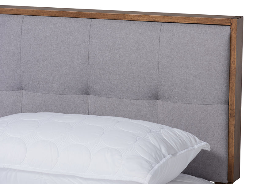 Baxton Studio Alke Mid-Century Modern Light Grey Fabric Upholstered Walnut Brown Finished Wood Queen Size Platform Bed | Beds | Modishstore - 6