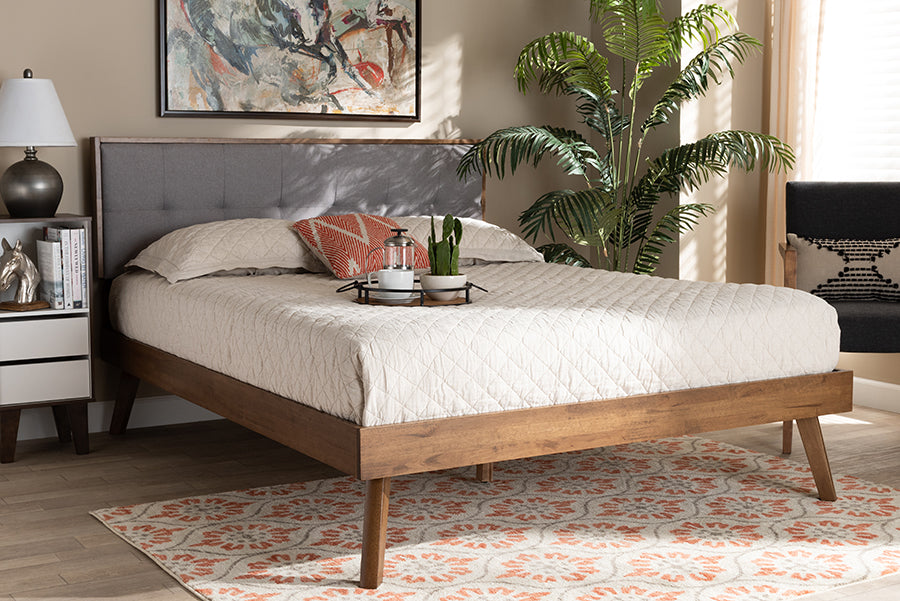 Baxton Studio Alke Mid-Century Modern Light Grey Fabric Upholstered Walnut Brown Finished Wood Full Size Platform Bed | Modishstore | Beds