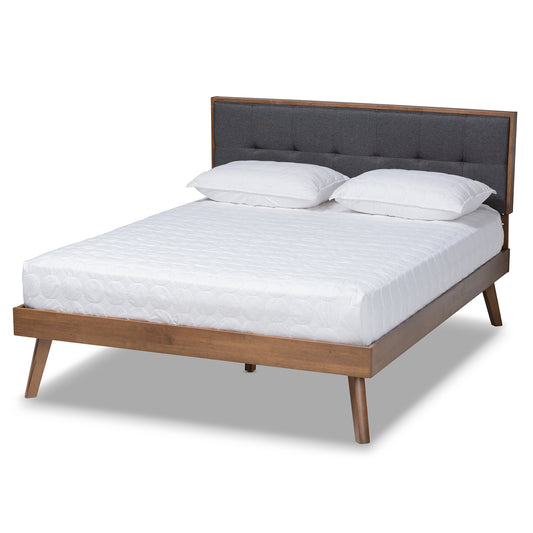 Baxton Studio Alke Mid-Century Modern Dark Grey Fabric Upholstered Walnut Brown Finished Wood Full Size Platform Bed | Beds | Modishstore