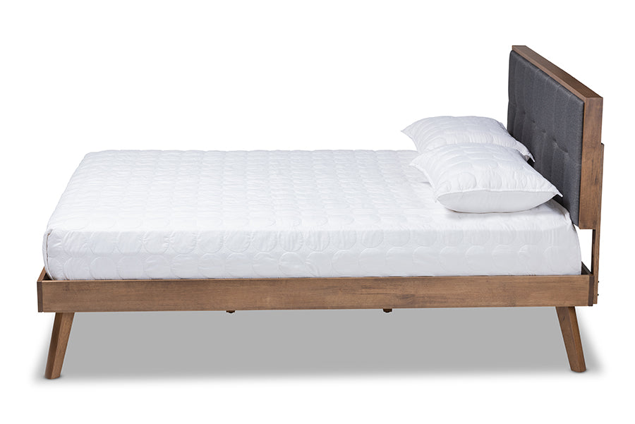 baxton studio alke mid century modern dark grey fabric upholstered walnut brown finished wood queen size platform bed | Modish Furniture Store-3
