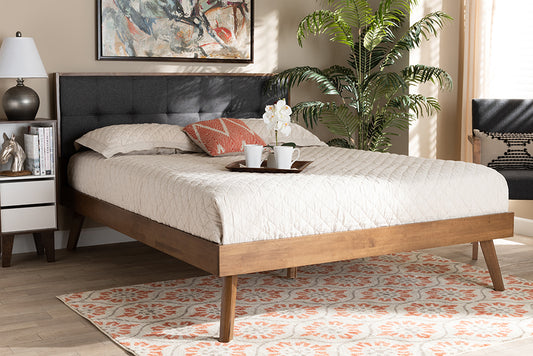Baxton Studio Alke Mid-Century Modern Dark Grey Fabric Upholstered Walnut Brown Finished Wood Queen Size Platform Bed | Modishstore | Beds