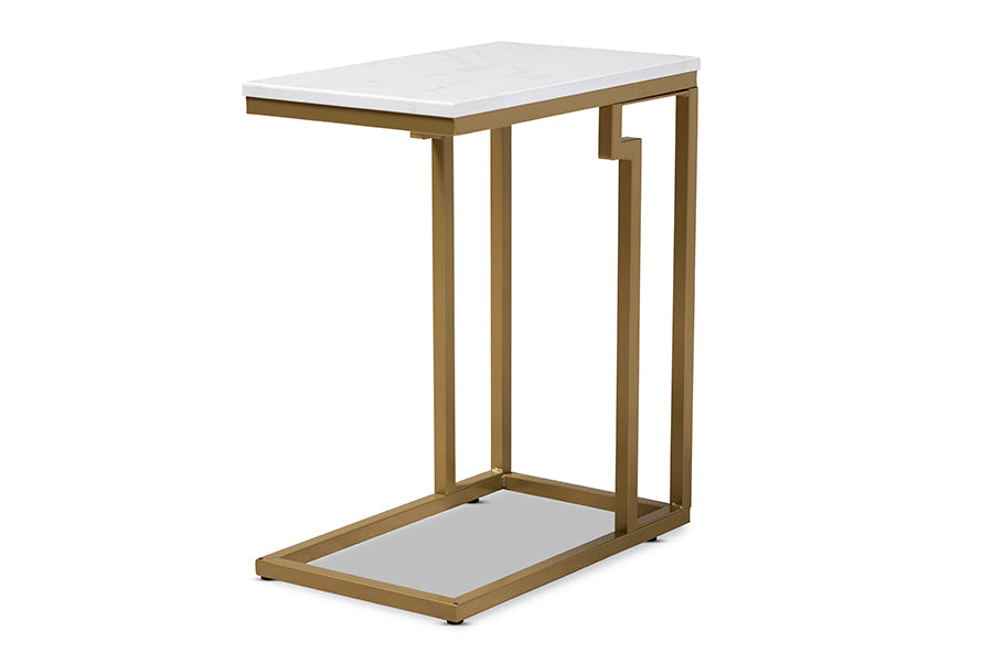 baxton studio renzo modern and contemporary brushed gold finished metal end table with faux marble tabletop | Modish Furniture Store-2