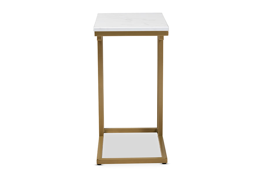 baxton studio renzo modern and contemporary brushed gold finished metal end table with faux marble tabletop | Modish Furniture Store-3