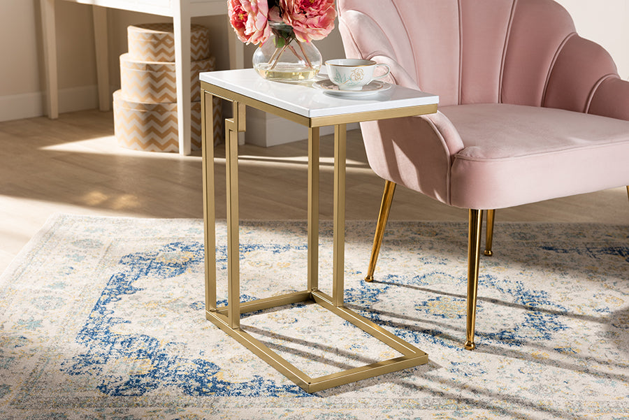 Baxton Studio Renzo Modern and Contemporary Brushed Gold Finished Metal End Table with Faux Marble Tabletop | Modishstore | End Tables