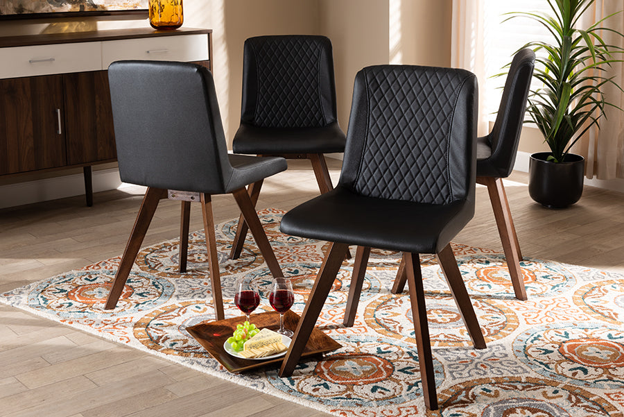 Baxton Studio Pernille Modern Transitional Black Faux Leather Upholstered Walnut Finished 4-Piece Wood Dining Chair Set Set | Modishstore | Dining Chairs