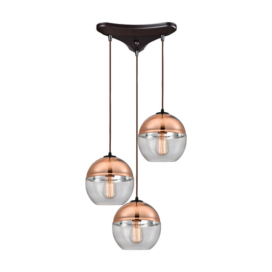 Revelo 3-Light Triangular Pendant Fixture in Oil Rubbed Bronze with Clear and Copper-plated Glass ELK Lighting | Pendant Lamps | Modishstore