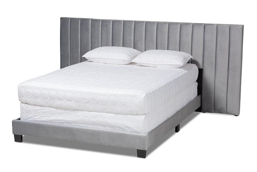 baxton studio fiorenza glam and luxe grey velvet fabric upholstered king size panel bed with extra wide channel tufted headboard | Modish Furniture Store-2