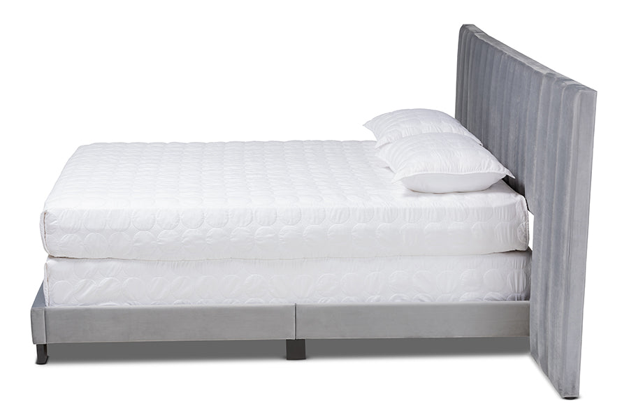 baxton studio fiorenza glam and luxe grey velvet fabric upholstered king size panel bed with extra wide channel tufted headboard | Modish Furniture Store-3