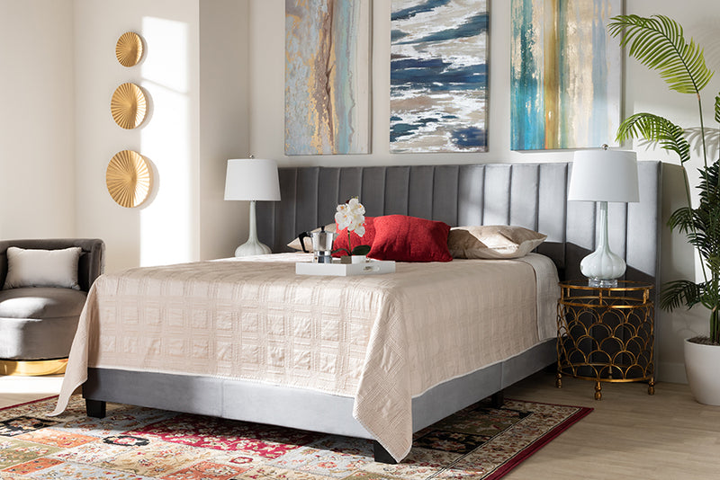 Baxton Studio Fiorenza Glam and Luxe Grey Velvet Fabric Upholstered King Size Panel Bed with Extra Wide Channel Tufted Headboard | Modishstore | Beds