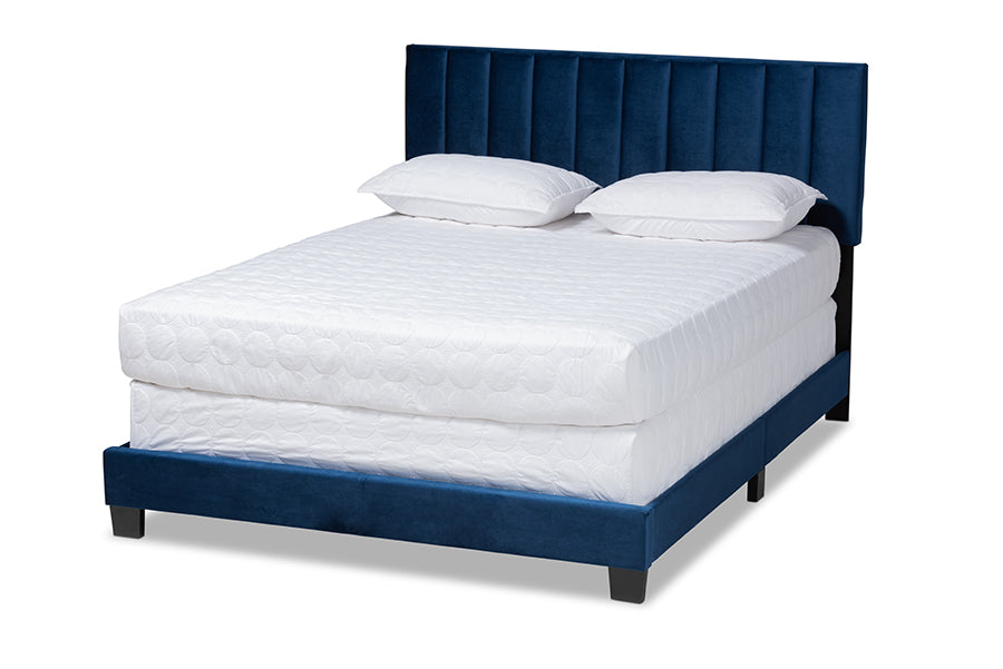 baxton studio clare glam and luxe navy blue velvet fabric upholstered full size panel bed with channel tufted headboard | Modish Furniture Store-2