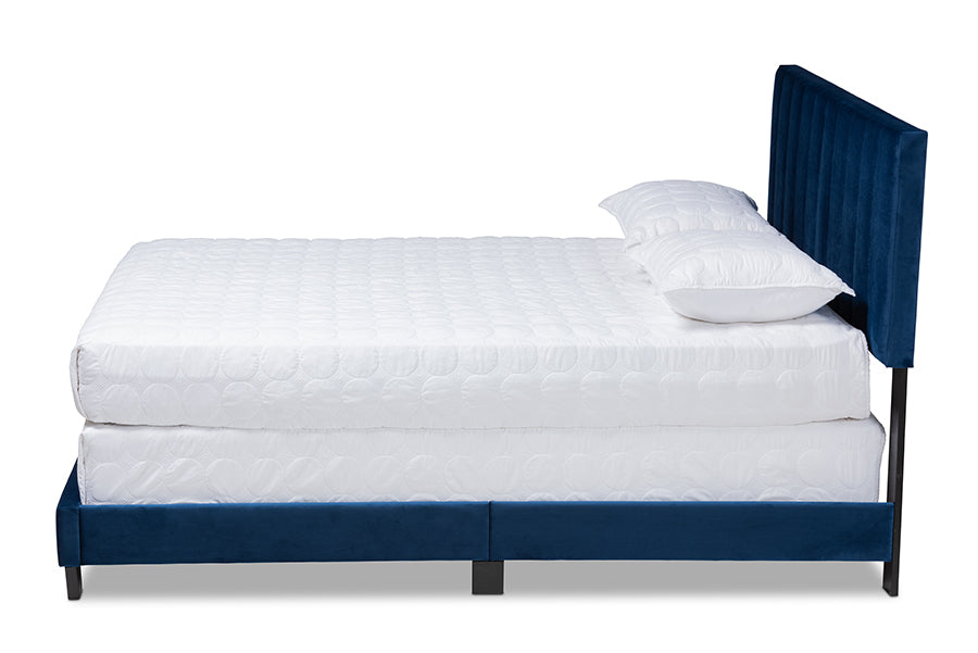 baxton studio clare glam and luxe navy blue velvet fabric upholstered queen size panel bed with channel tufted headboard | Modish Furniture Store-3