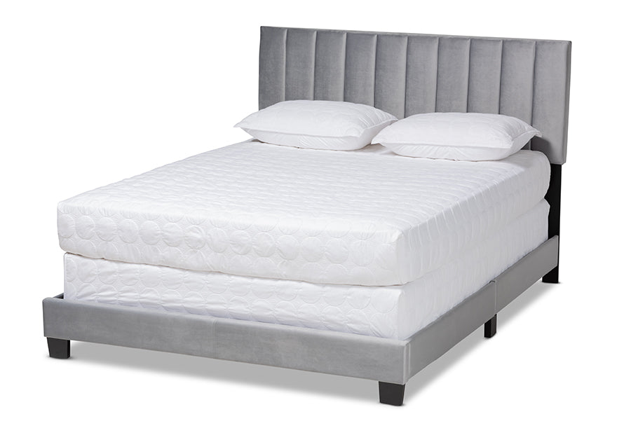 baxton studio clare glam and luxe grey velvet fabric upholstered queen size panel bed with channel tufted headboard | Modish Furniture Store-2