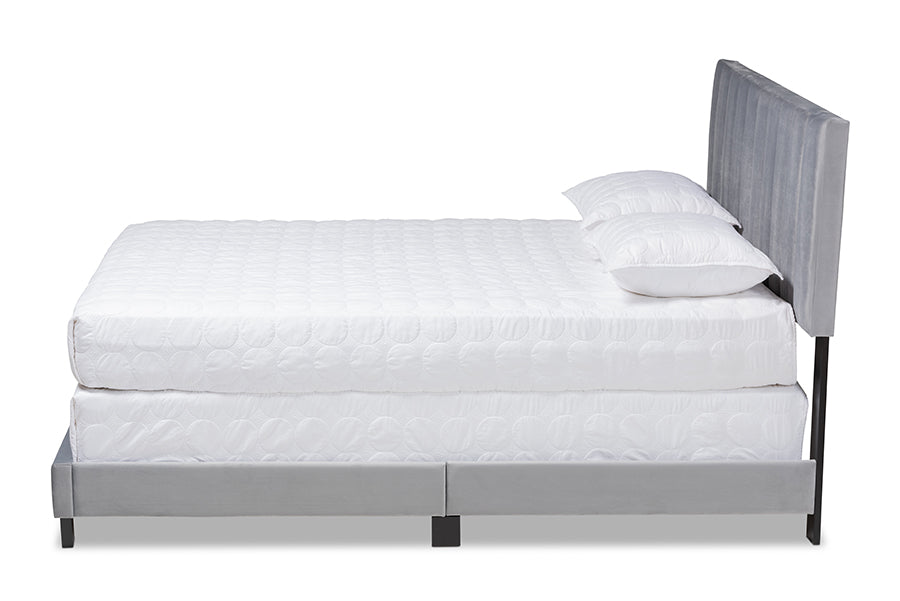 baxton studio clare glam and luxe grey velvet fabric upholstered queen size panel bed with channel tufted headboard | Modish Furniture Store-3