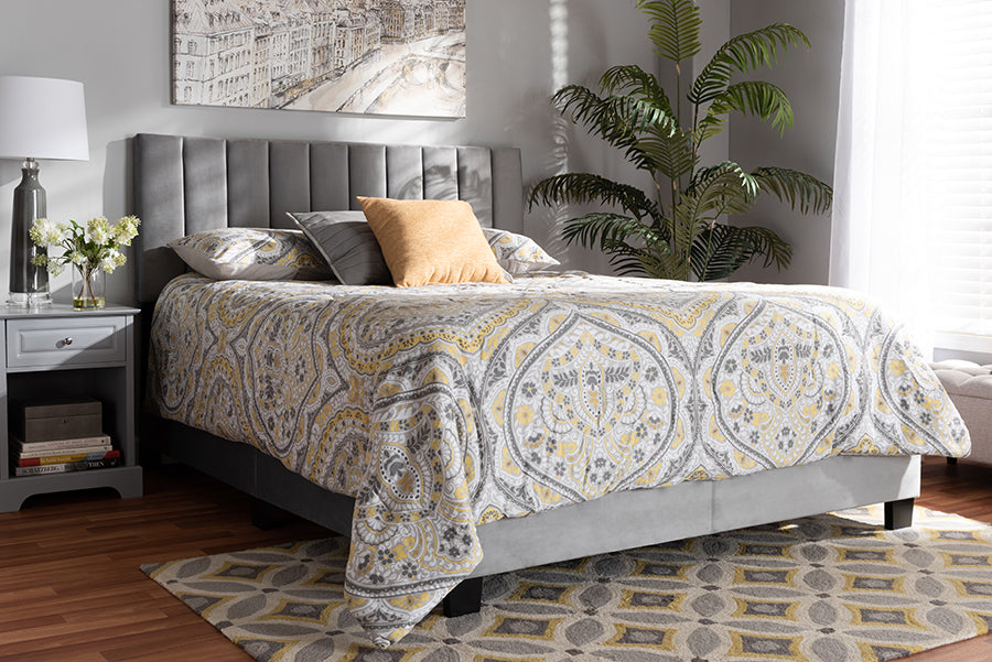 Baxton Studio Clare Glam and Luxe Grey Velvet Fabric Upholstered Queen Size Panel Bed with Channel Tufted Headboard | Modishstore | Beds