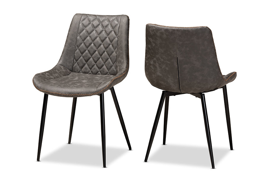 Baxton Studio Loire Modern and Contemporary Grey and Brown Faux Leather Upholstered Black Finished 2-Piece Dining Chair Set | Modishstore | Dining Chairs - 4